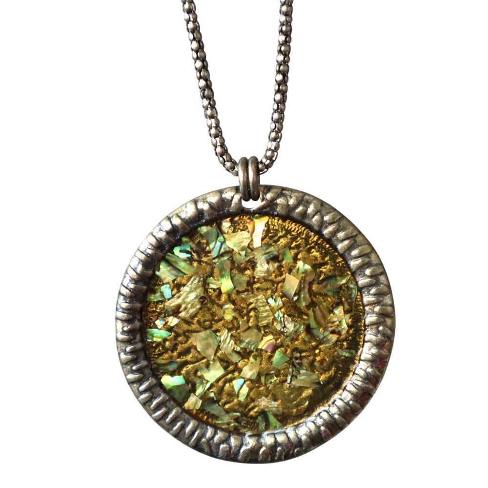 Vintage Round Pendant Necklace Earring SET Iridescent Abalone Mother of Pearl